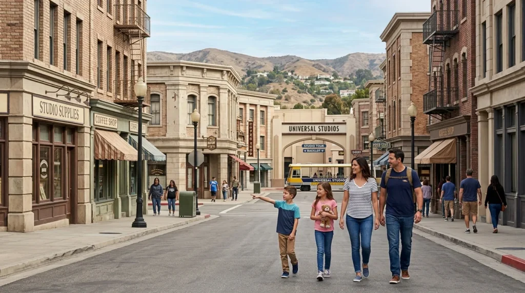 Family walking in theme park in Los Angeles