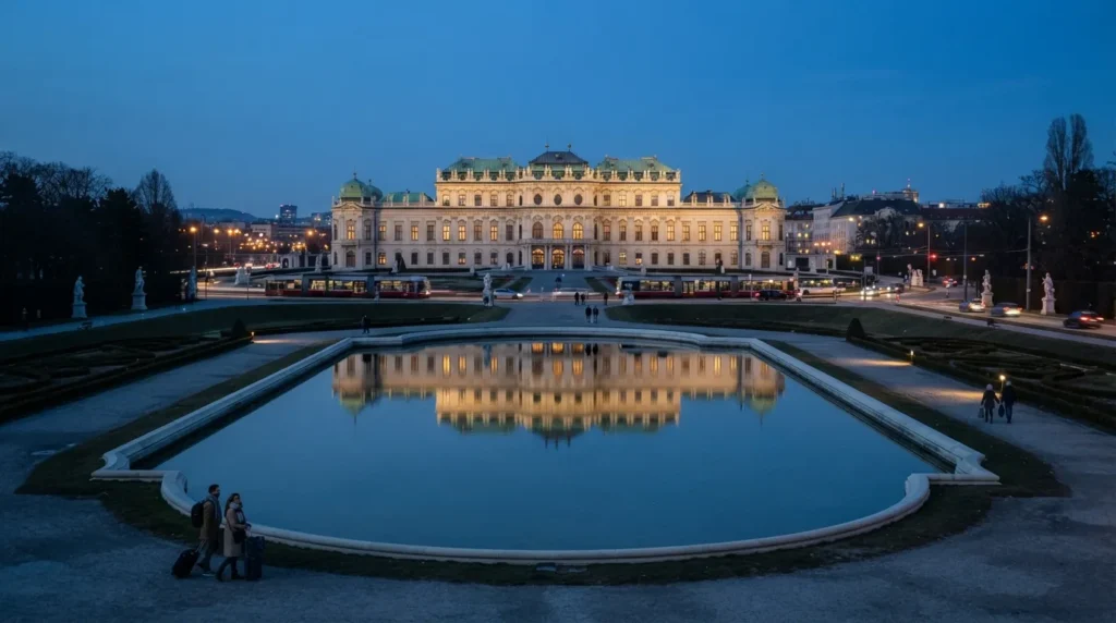 Belvedere Palace reflected in pond in Vienna