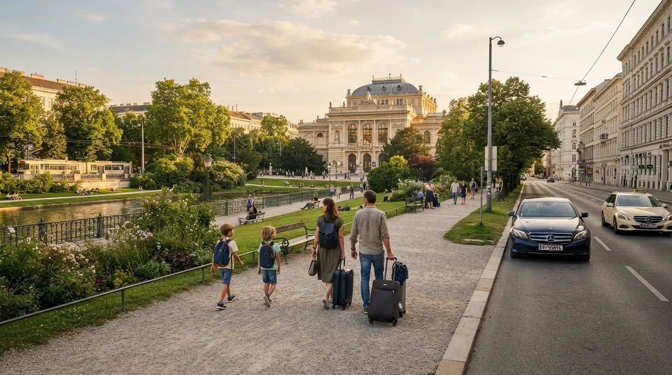 Family traveling from airport in Vienna