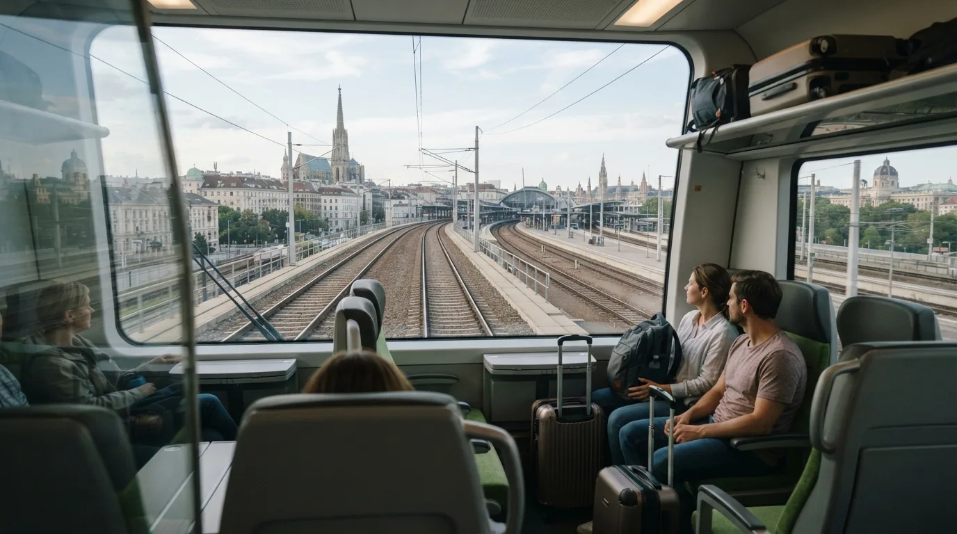 Traveler on airport train in Vienna