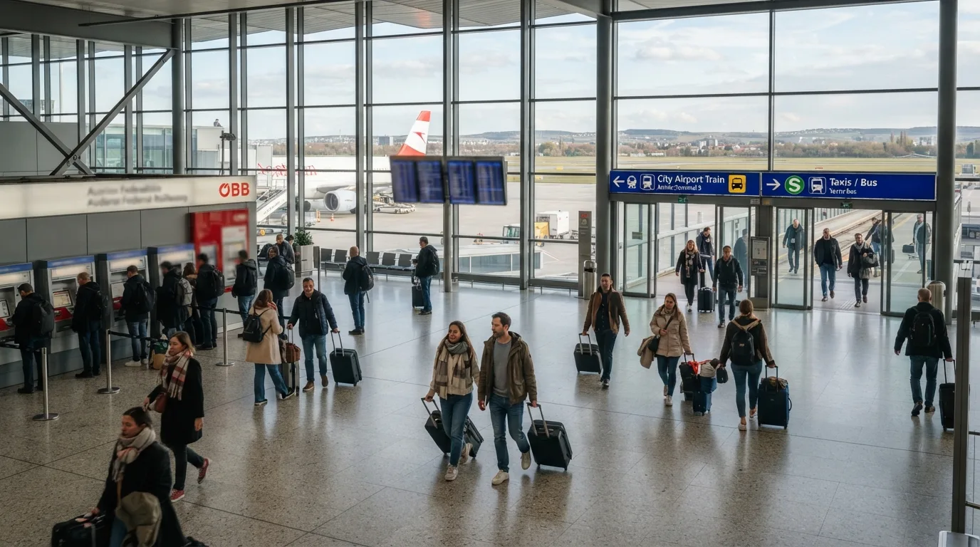 Travelers with luggage at airport in Vienna