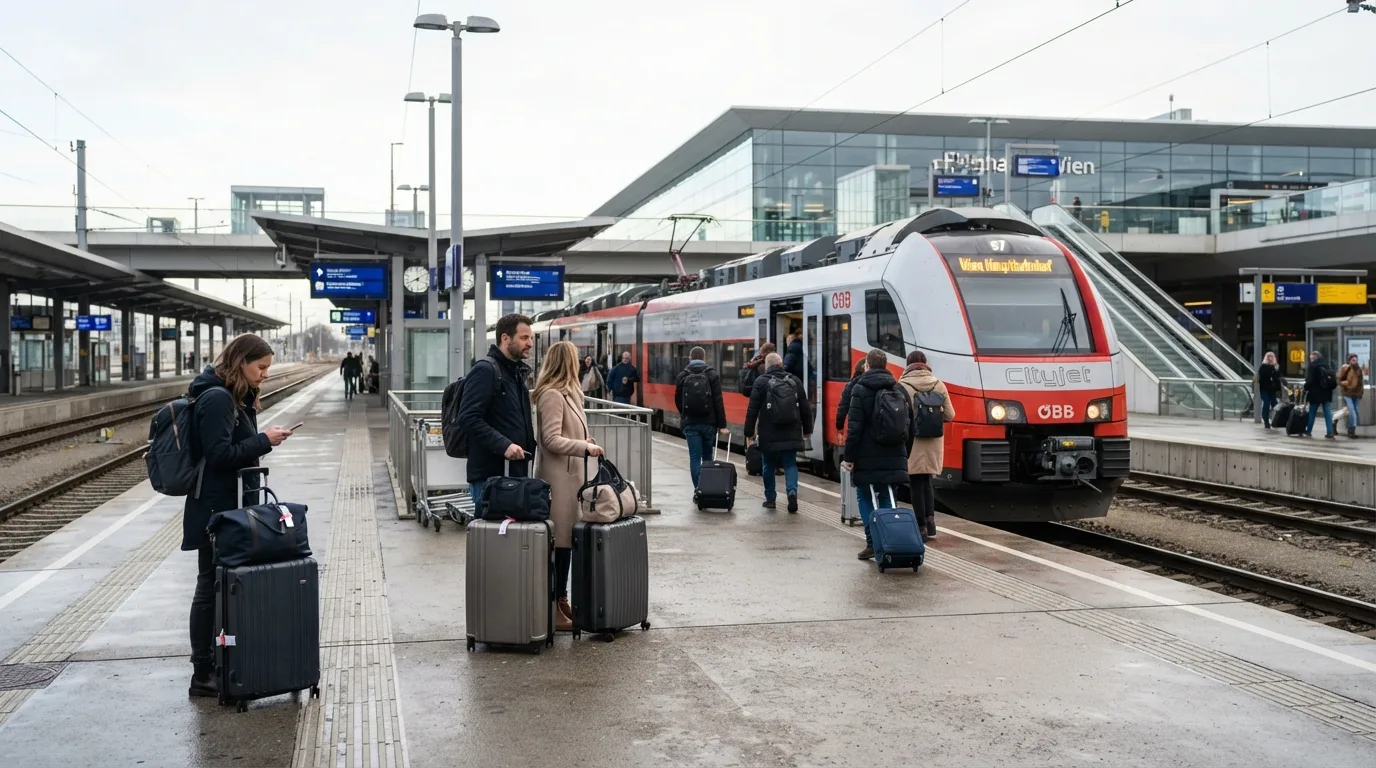 Travelers with luggage at platform in Vienna