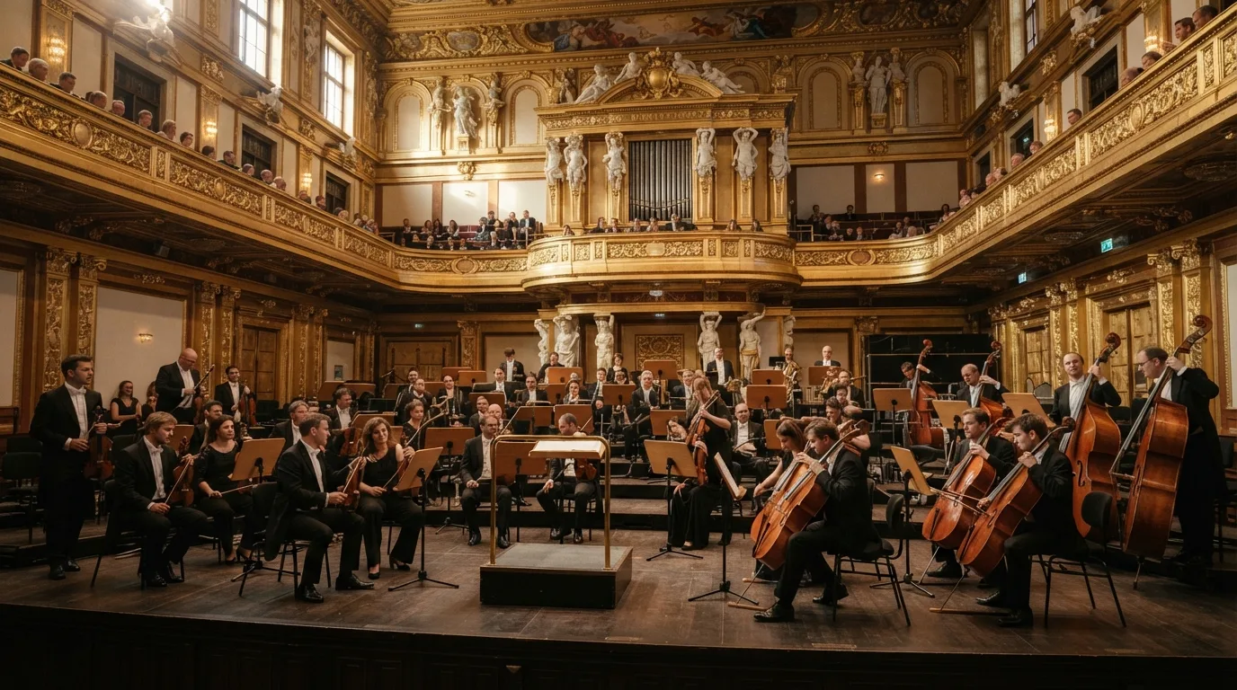 Orchestra tuning on historic stage in Vienna