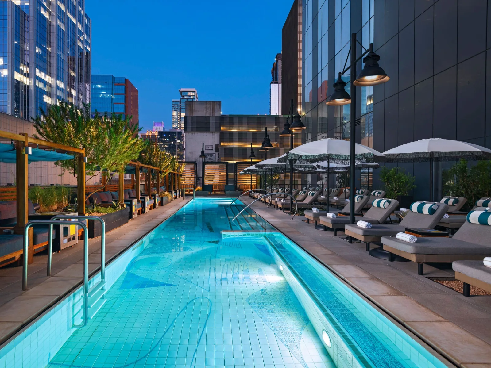 Rooftop pool and Austin skyline at tommie Austin JDV by Hyatt, a downtown hotel option for Grand Prix weekend